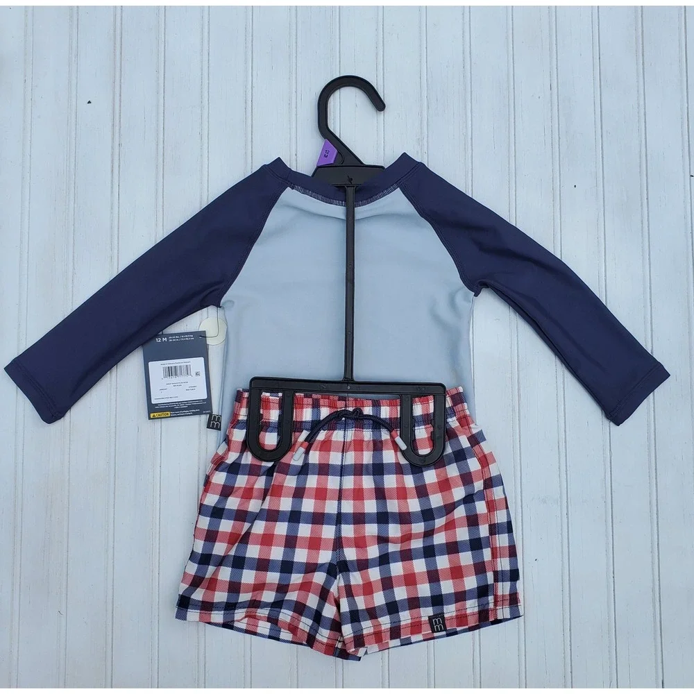 Modern Moments by Gerber Baby Boy Rash Guard Swim Set 12M Blue Plaid UPF 50+